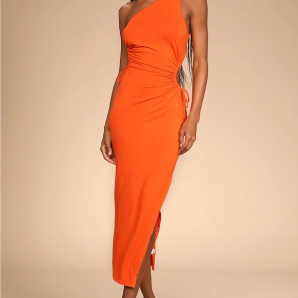 Lulus Dresses & Skirts - Lulu’s NWT Heat of the Moment Orange Asymmetrical Cut Out Body Con Midi Dress LG